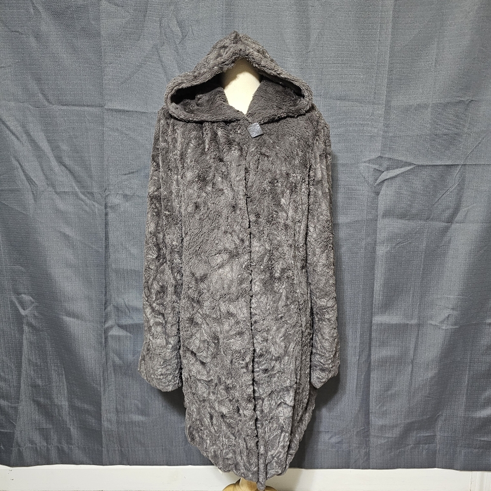 Dennis Basso Gray Faux Fur Hooded Coat Small Luxury Size M